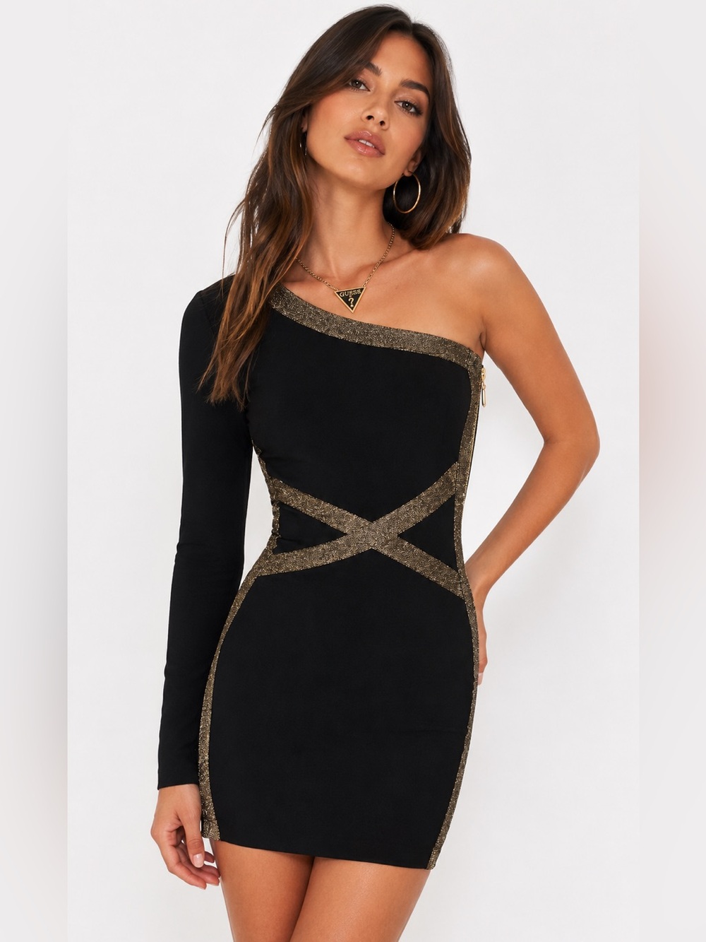 Guess Y2K One Shoulder Bodycon Mini Dress Black Gold Metallic Party Dress